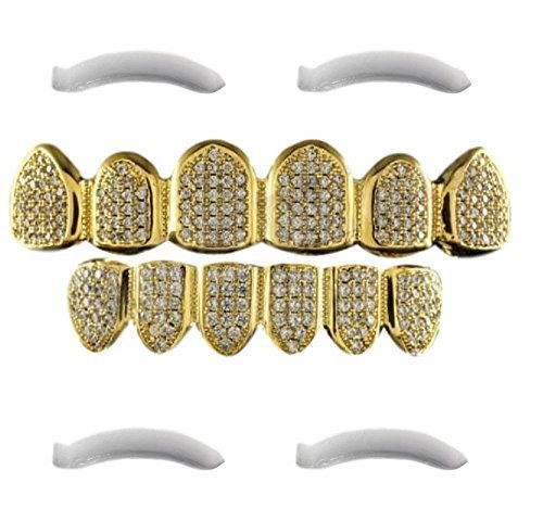 24K Plated Joker Gold Grillz for Mouth Top Bottom Hip Hop Teeth Grills for Teeth Mouth + 2 Extra Molding Bars + Microfiber Cloth (Gold Micropave 6 Tooth)