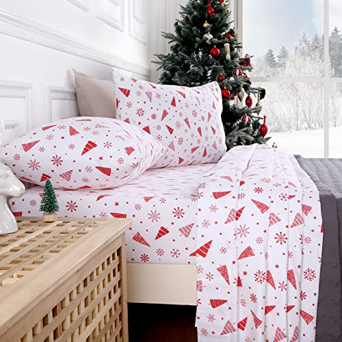 Caromio Christmas Flannel Sheets Queen, 100% Cotton Printed Bed Sheet Set, Soft Heavyweight Brushed Flannel, 16 Inches Deep Pocket Winter Warm Sheets 3 Piece (Red Snowflake And Tree, Queen) #TOP10