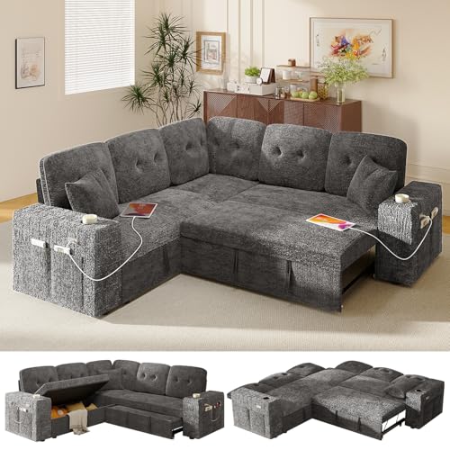 Image of Modular Sectional Sleeper Sofa with Pull Out Bed, 84 Inch L Shaped 5 Seat Couches for Living Room, Chenille Fabric Cloud Couch Bed with Storage & Reclining Backrest, USB Charging, Grey
