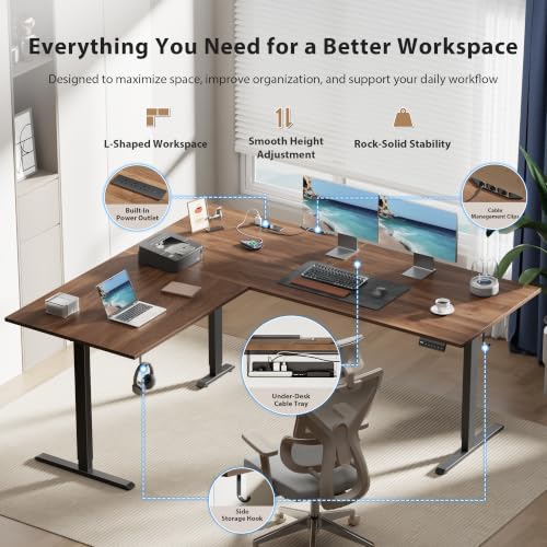 Image of 63x55 Inch L Shaped Electric Standing Desk, Corner Workstation, Dark Walnut | 3 AC outlets, 2 USB ports, cable tray, cord clips, 3 memory presets, anti-collision and 176 lb capacity for home office.