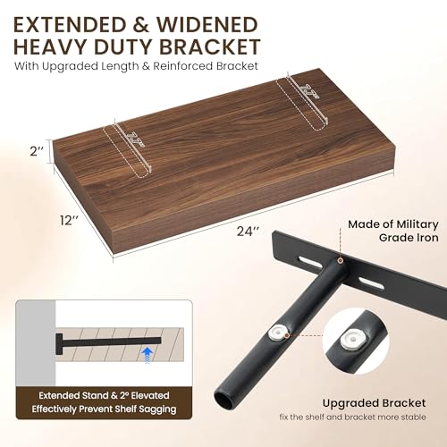 Image of Dreamland 24 inch Floating Shelves for Wall, 12 inch Deep Thicker Walnut Floating Shelves, Wall-Mounted Shelves for Bedroom, Living Room, Kitchen, Bathroom - Set of 2