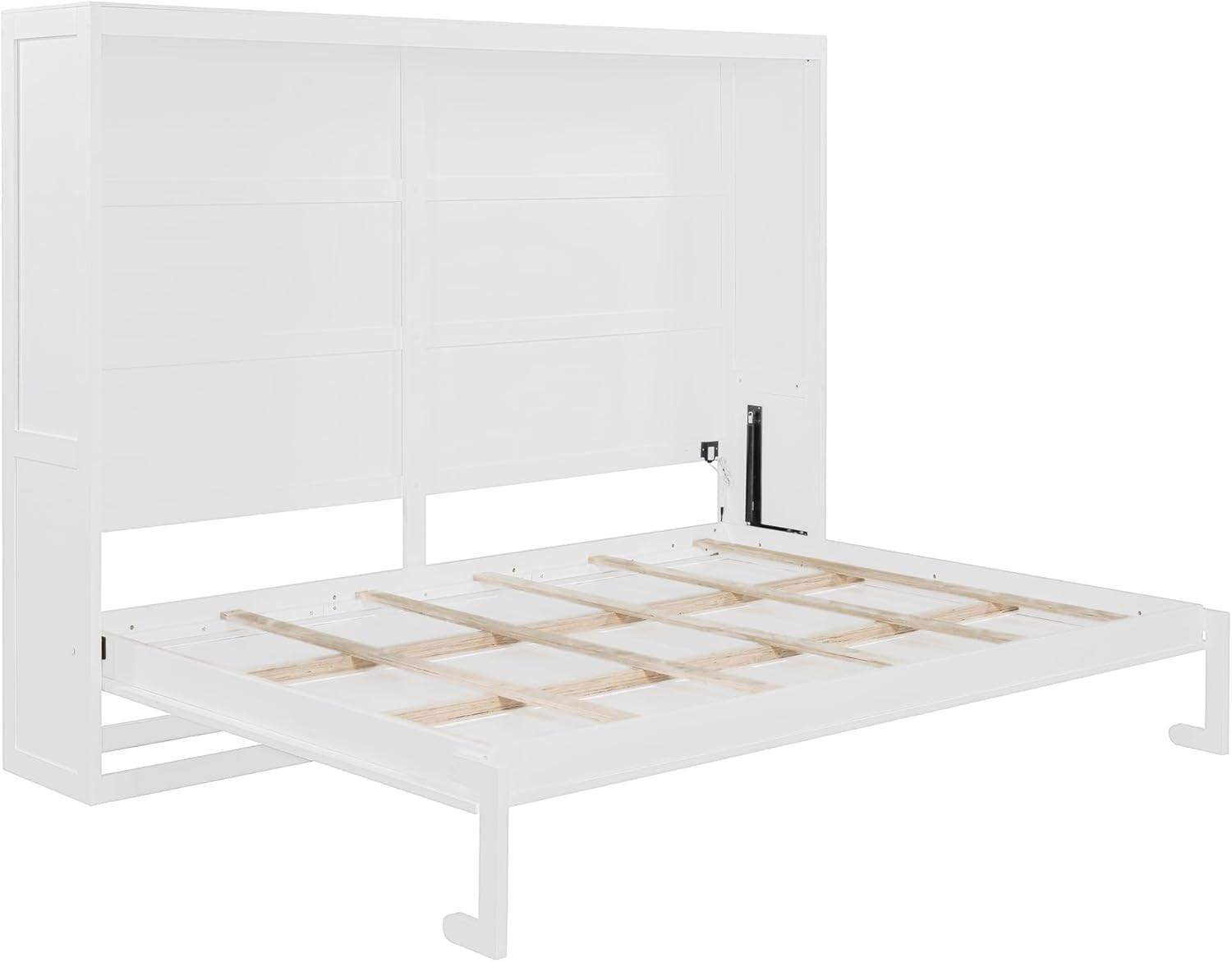 Virubi Queen Horizontal Fluted Murphy Bed with LED Lights,Wood Folding Hideaway Murphy Chest Bed for Adult Guest Room Living Room Bedroom (White)
