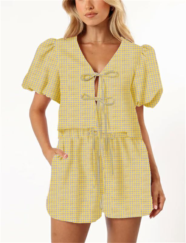 Image of Yuemengxuan Women Y2k Two Piece Plaid Lounge Sets Puff Sleeve Tie front Blouse Top High Waist Shorts Casual Pajamas Sets (Yellow & Purple, S), Small