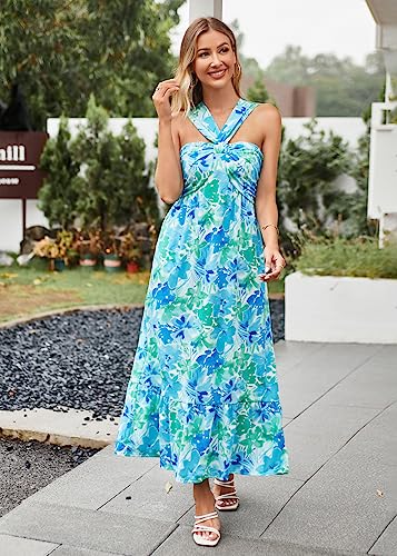 Image of GRACE KARIN Womens Summer Floral Dresses 2026 Boho Maxi Dress Flowy Halter Sundress Casual Vacation Beach Clothes with Pocket