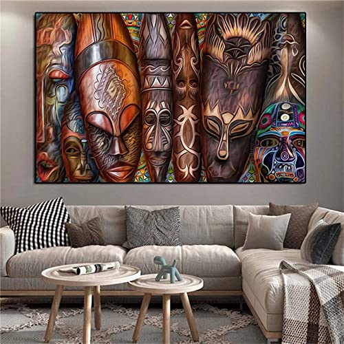 Pósteres e impresiones de arte de cultura tribal africana, pinturas murales misteriosas, imágenes abstractas de rostro humano para decoración del hogar, 95x140cm/37x55 pulgadas con marco negro