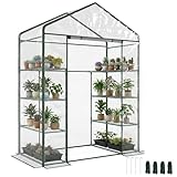 Outsunny Walk in Greenhouse with 4-Tier 8 Shelves, Green House with Hemmed Cover, Roll-up Zipped Door, Steel Frame, 143 x 73 x 195cm