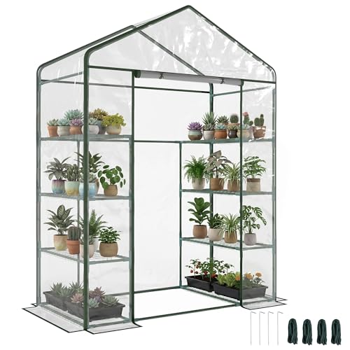 Outsunny Walk in Greenhouse with 4-Tier 8 Shelves, Green House with Hemmed Cover, Roll-up Zipped Door, Steel Frame, 143 x 73 x 195cm