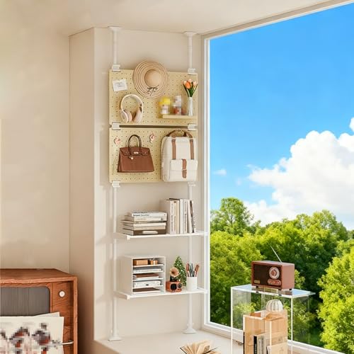 Industrial Tall Narrow Book Shelf, Tension Mount Skinny Book, Teles Clothes Rack with Pegboard, Adjustable Open Display Organizer for Bedroom Living Room Entrance