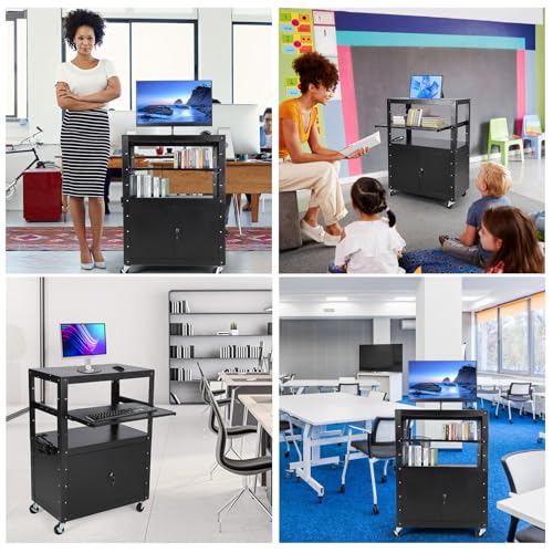 Av Cart with Keyboard Tary and Locking Cabinet, Height Adjustable Laptop Cart,Utility Cart and Pullout Tray - Max Capacity 350 Lbs,with Extra Storage Space, Power Strip - Thumbnail 6