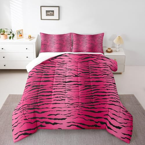 Image of Feelyou Girls Pink Black Kids Comforter King, Zebra Stripes Comforter Set for Boys Girls Safari Animal Print Bedding Set Zoo Animal Fur Print Duvet Set with 2 Pillow Case