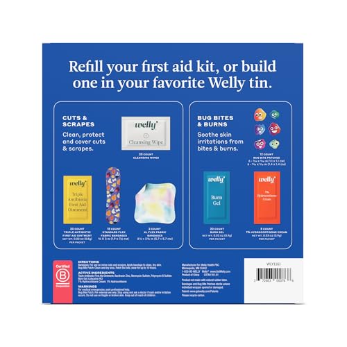 Image of Welly First Aid Kit Refill Carton | Includes Individual Bandages, Cleansing Wipes, Antibiotic Packets, Burn Gel, Hydrocortisone Cream, and Bug Bite Relief Patches | 100 ct