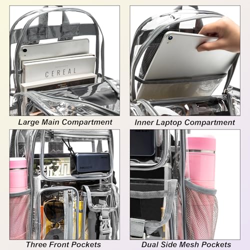 Image of gdbis Heavy Duty Clear Backpack for Stadium Events, Large Capacity Clear Bookbag Transparent Backpack with Reinforced Strap for College Work Travel Concerts Security - Grey