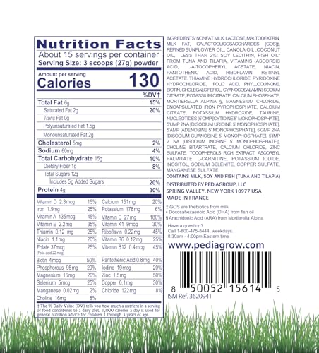 PediaGROW Toddler Nutritional Milk Powder, Made in France with Grass-Fed Milk, DHA & Iron, Natural Prebiotics for Growth & Immune Support, Non-GMO, Gluten-Free, Toddler Nutritional Drink, Ages 1+ Years 3pk