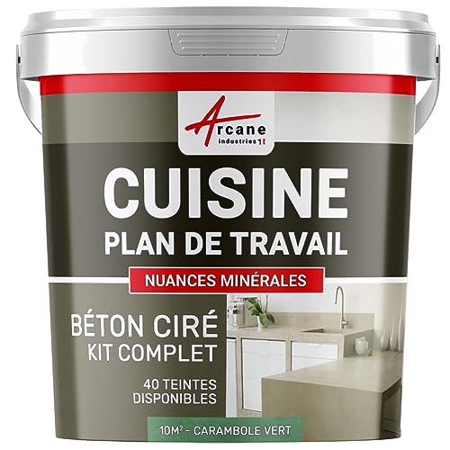 Béton ciré cuisine, plan de travail, crédence, évier, sol et mur, revêtement mural décoratif, kit complet - 10 m² (en 2 couches) Carambole Vert - ARCANE INDUSTRIES