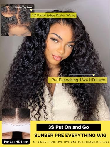 Image of Sunber Water Wave Human Hair Wigs with Elastic Drawstring Kinky Edges 18''