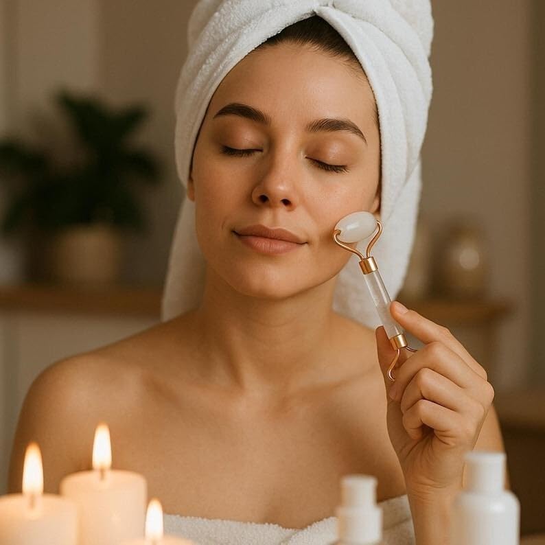 Selenite Crystal Facial Roller with Rose Gold Handle, Natural White Stone Beauty Massage Tool for Skincare, Stress Relief, Healing Energy