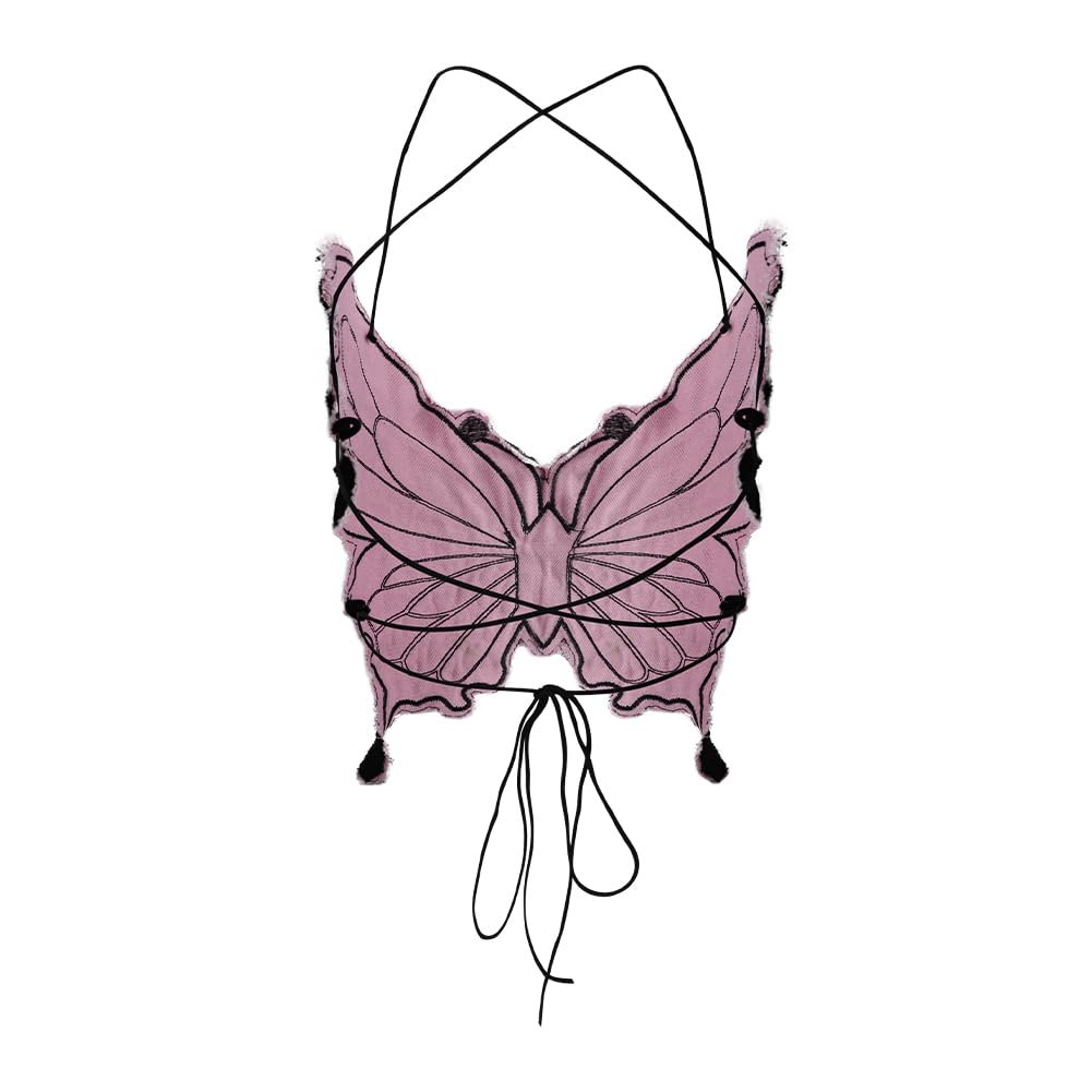 Crop Top Donna Con Farfalla Scintillante - Scollo A V Profondo, Schiena Scoperta, Lacci Al Collo - Abbigliamento Rave, Discoteca, Serate (Nero, Taglia Unica) - 6