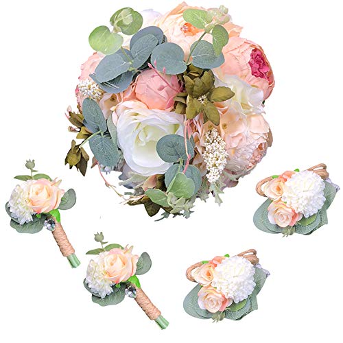 Abbie Home 5pcs Wedding Bouquet Kit - Artificial Roses Peony Lily Bridal Flowers Wrist Corsage Boutonnier Set