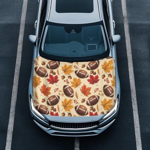 Image of Renewold Fall Footbal Car Hood Cover Protector for Most Sedan Easy Install | Maple Acorn Hood Covers for Car Wrap Blanket Women Men Automotive Exterior Accessories Decor for Football Season Holiday Game