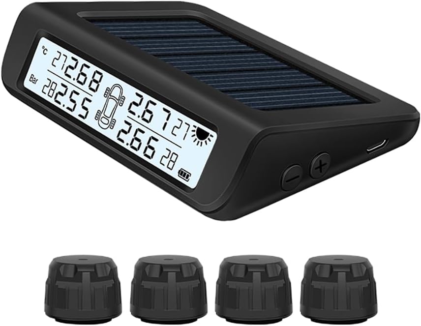 Universal Wireless TPMS Tire Pressure Monitor System Solar/USB Powered 4pcs Internal/External Sensors Real Time Monitoring Pressure Temperature LCD Display (with 4pcs Internal sensors, T812K)