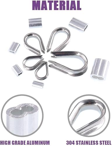 Swpeet Lot de 250 cosses de câble en acier inoxydable 304 et 6 tailles de manchons à sertir en aluminium, parfaits pour les câbles métalliques de 0,3 cm à 1,6 cm de diamètre – vue 5