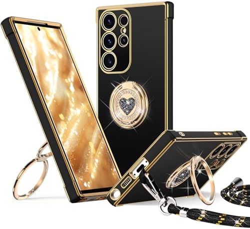 XYZ for Samsung Galaxy S22 Case with Stand, Double Ring Holder Case Heart with Lanyard for Girls Women, Luxury Cute Bling Protective Phone Cover Case for Samsung S22, White