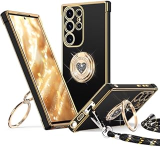 XYZ for Samsung Galaxy S22 Case with Stand, Double Ring Holder Case Heart with Lanyard for Girls Women, Luxury Cute Bling Protective Phone Cover Case for Samsung S22, Pink