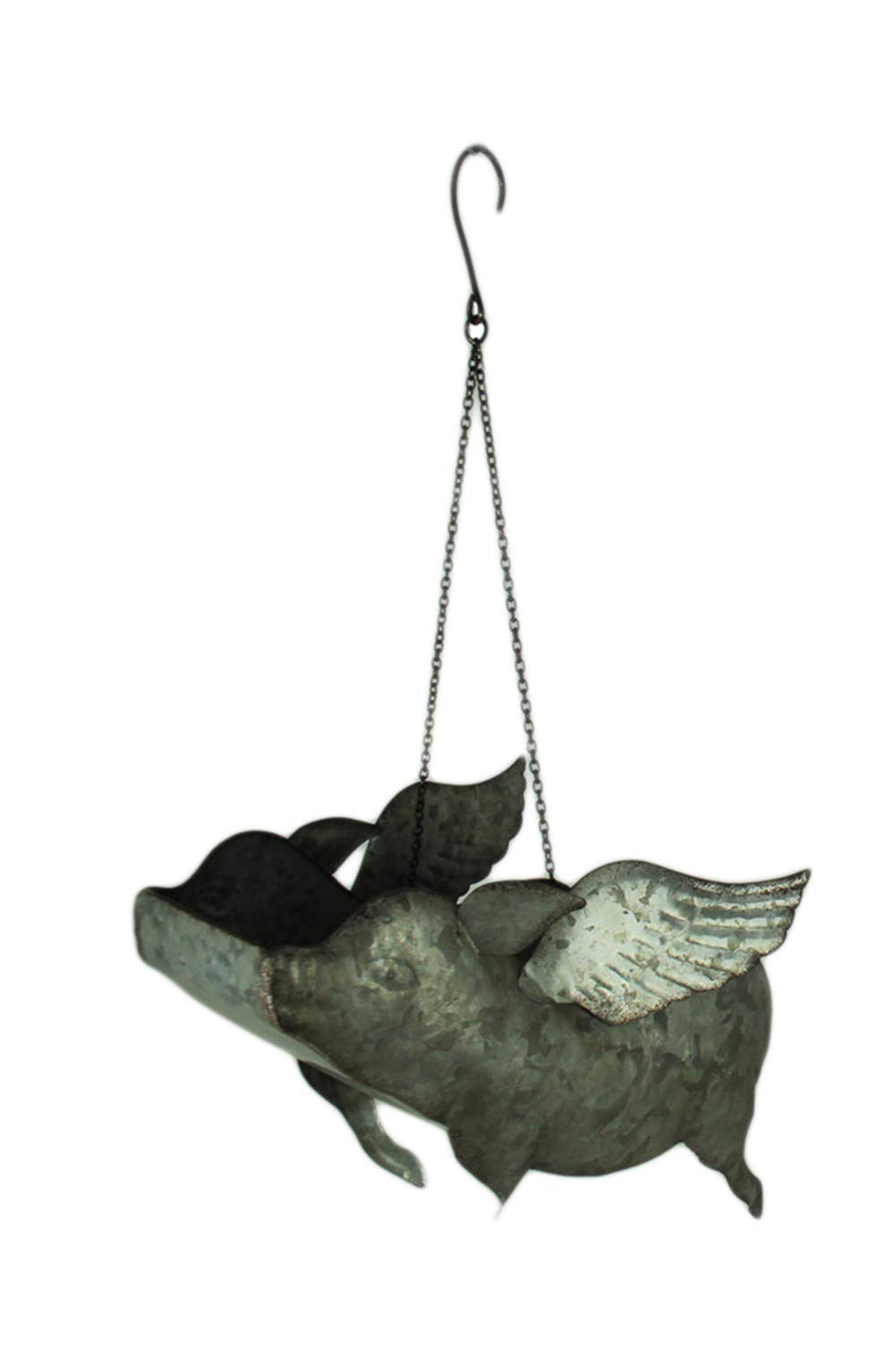 Zeckos Galvanized Grey Zinc Finish Metal Flying Pig Hanging Planter Outdoor Décor 14 Inches Long