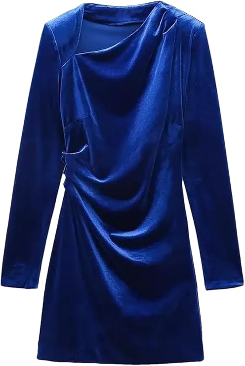 Vintage Velour Pleated Mini Dress Women Diagonal Collar Party Dress Solid  Long Sleeve Dress, blue : Amazon.de: Fashion