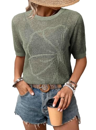 Dokotoo Short Sleeve Sweaters for Women Summer Vacation Outfits Womens Fashion Cruise Outfits 2026 Sexy Crewneck Hollow Out Beach Vacation Clothes Cover Ups Casual Knit Crochet Tops Green Large