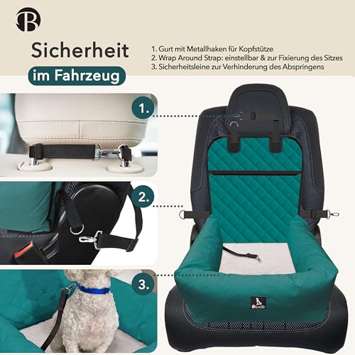 BLUZELLE Hunde Autositz & Hundebett 2-in-1 für Auto Rückbank & Vordersitz - TRAVELBUDDY Wasserfest, rutschfest & Waschbar - Inkl. Sicherheitsgurt & Oxford-Stoff - Marke aus Berlin, Farbe:Petrol