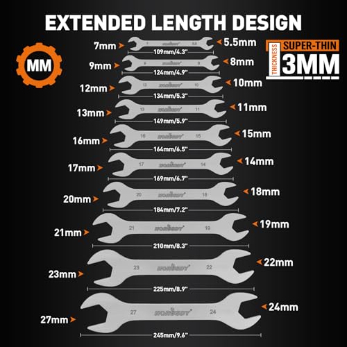HORUSDY Thin Open End Wrench Set | Bike Wrench Set with Rolling Pouch | 19-Piece SAE & Metric | CR-V Steel | 1/4" to 1-1/16" & 5.5mm to 27mm for Mechanics by HORUSDY - Image 2