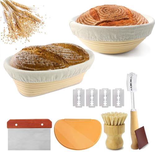 SnailDigit Sourdough Bread Baking Supplies: 23cm Round & 25cm Oval Banneton Bread Proofing Basket with Liner+Bread Lame+Dough Scraper+Bamboo Brush, Baking Set for Artisan Bread Making Gifts for Baker