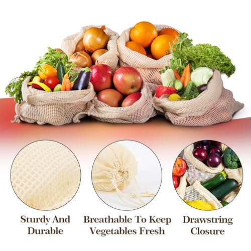 maqihan 6 pack reusable produce bags cotton mesh produce bags mesh storage produce bags reusable durable double stitched with drawstring produce bag for vegetablesfruit amp grocery shopping 2l2m2s