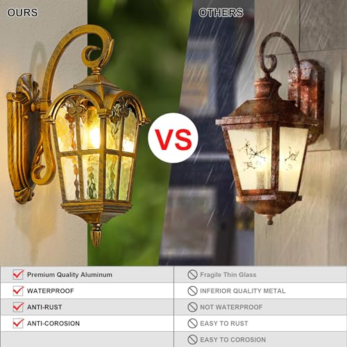 17.1" H Gold Outdoor Wall Lights - Waterproof & Anti-Rust Aluminum Porch Light Wall Mount, Hammered Exterior Lighting Fixtures, Outside Wall Lantern for Patio, Hallway, Doorway, Garden