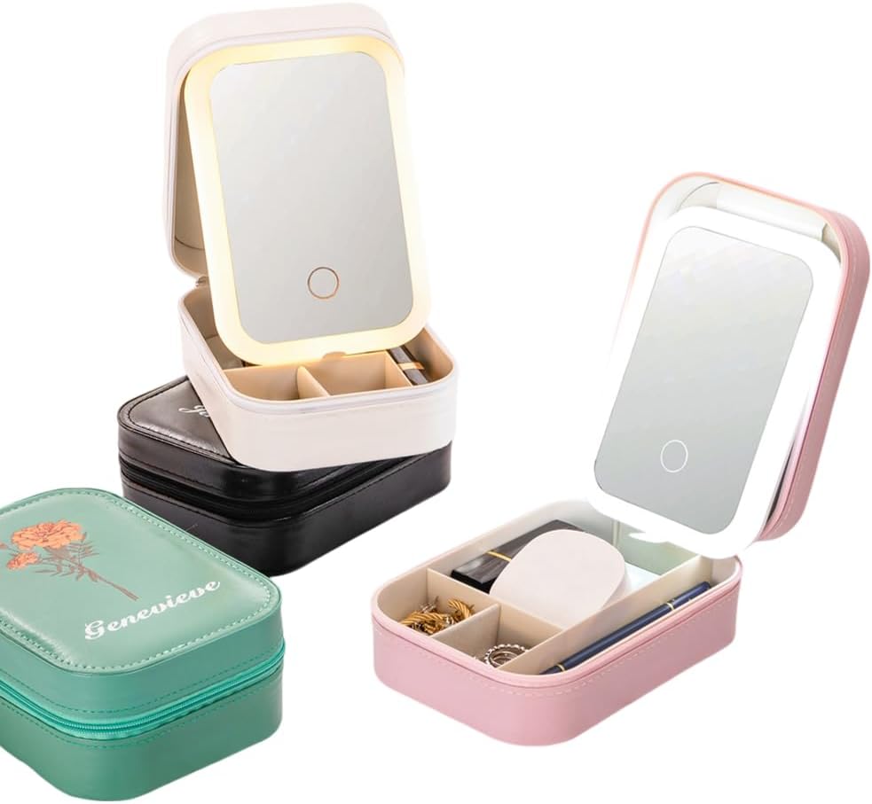 ipetlive Custom Birth Flower Travel Makeup Bag With LED Mirror Leather Personalized Name Makeup Organizer Portable Jewelry Organizer Case Birthday Christmas Gifts For Women Daughter Mother