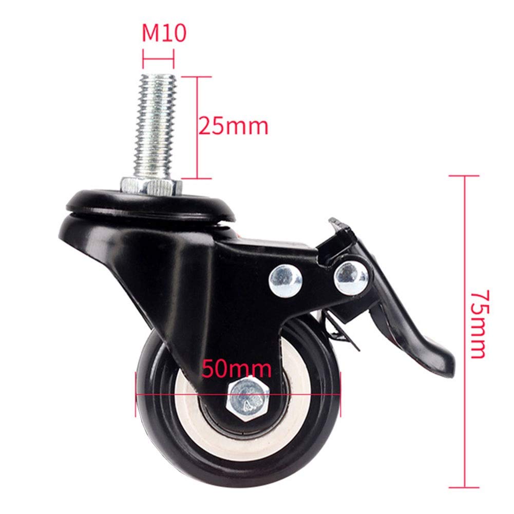 Lot de 4 Roues Castor Heavy Duty 180KG 50 mm PU en Caoutchouc pivotant Chariot Meubles Caster avec Freins Noir - 10 mm Vis (Color : 2 with Brakes 2 Non Brakes)