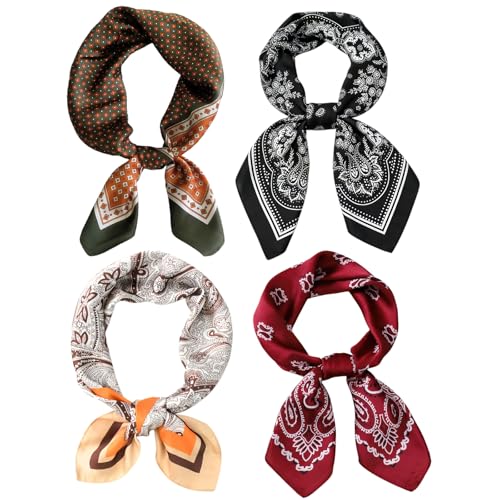Uausyaly Neck Scarf Bandanas for Men Satin Silk Feeling Head Scarfs 4PCS Fashion Lightweight Neckerchief Square Purse Scarf Cowboy Scarves 27.5 x 27.5