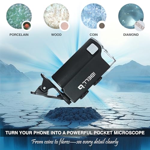 Image of iBELL IBL60-10 Professional Pocket Microscope with Phone Clip, 60X-100X Magnification, Optical Glass Lens, LED Illumination, Portable Handheld Microscope for Inspection and Educational Use