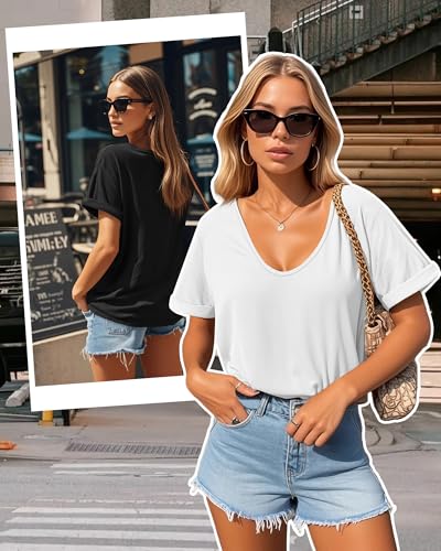 Riyiper 3 Pack Women's V Neck Shirt, Summer Rolled Sleeve Solid Tops Casual Loose Tees Lightweight Basic Soft Tshirt2