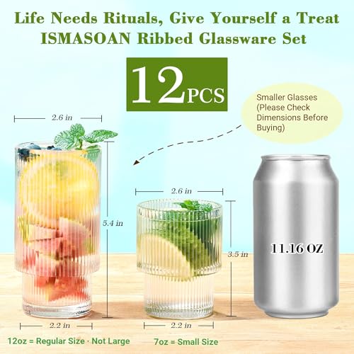 ISMASOAN Small Ribbed Glassware Set of 12, Glass Cups 12 oz and 7 oz, Fluted Glassware, Stackable Glasses, Cups for Kitchen, Gift Box Set