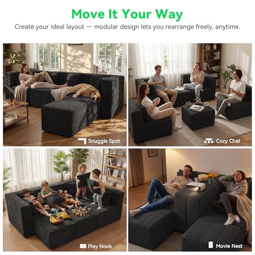 Image of MONVANE 130'' Oversized Boneless Sectional Couches for Living Room, 6-Seat U Shaped Cloud Couch, Modular Sofa with Ottoman & 6 Throw Pillows, Comfy Chenille, No Assembly Required, Black