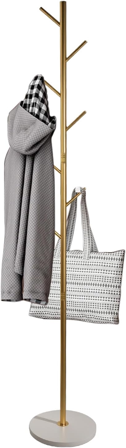 SKY-TOUCH Free Standing Hall Coat Tree with 7 Hooks, Stand Tree Rack with Marble Round Base, Entryway Coat Stand for Purses, Clothes, Scarves, for Hallway, Bedroom, Living Room, Golden-170*30*30cm