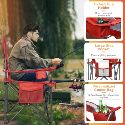 Image of Romswi Oversized Camping Chairs,Heavy Duty Support 500 LBS,Padded Back & Arm Sport Chairs, Cup Holder Cooler Bag, Collapsible Folding Chairs for Outdoor, Fishing & Garden, Red,2-Pack