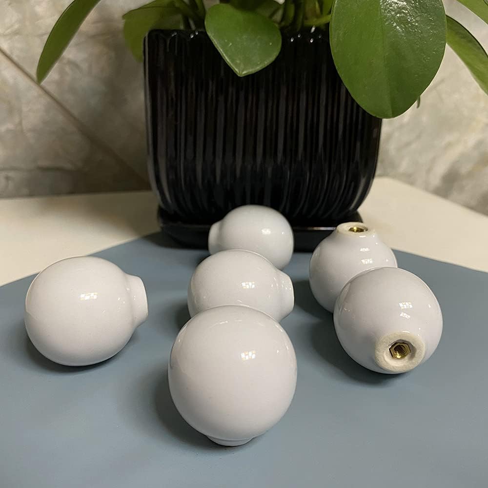 6Pcs White Ceramic Knobs Round Drawer Pulls Vintage Spherical Cabinet Handles Knob for Cabinet Door Cupboard Home DIY Lovely Hardware with Screws