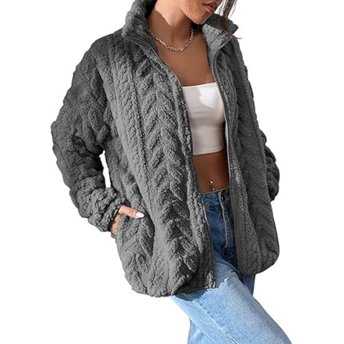 Image of Down Winter Coats For Women, Fleece Jacket Warm Coats With Pockets Stand Collar Zip Up Cardigans Sweaters Ladies Puffer Coat Women Jackets Burgundy Outwear (XXL, Gray)
