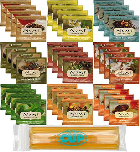 Numi 36 Count, 9 Flavor, Organic Tea Bag Sampler with By The Cup Honey Sticks