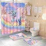 Glowevera Vivantia Girl Unicorn Shower Curtain Sets with Memory Rugs, Unicorn Bathroom Sets with Waterproof Cute Uicorn Girls Shower Curtain, Non-Slip Rug Toilet Lid Cover Bath Mat and 12 Hooks
