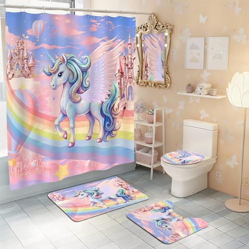 Glowevera Vivantia Girl Unicorn Shower Curtain Sets with Memory Rugs, Unicorn Bathroom Sets with Waterproof Cute Uicorn Girls Shower Curtain, Non-Slip Rug Toilet Lid Cover Bath Mat and 12 Hooks