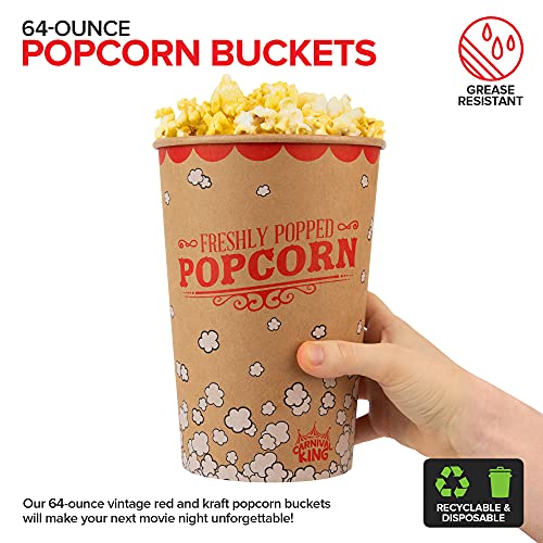 Image of Stock Your Home 64 Oz Kraft Popcorn Buckets (25 Pack) - Grease Resistant Retro Style Popcorn Container- Vintage Kraft & Red Popcorn Buckets for Take Out, Movie Night, Theaters, Fair, Concessions